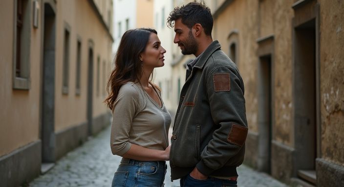 Ein Paar steht in einer schmalen Gasse und blickt sich an