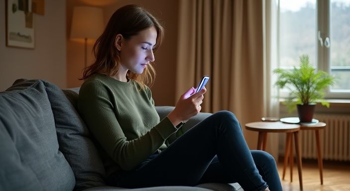 Eine Frau sitzt entspannt auf einem Sofa und nutzt ihr Smartphone und suche erotischer Kontakt in Steiermark.