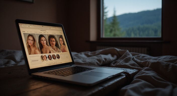 Ein Laptop zeigt Profile auf einer Dating-Website für erotischer Kontakt in Steiermark in einem Schlafzimmer.