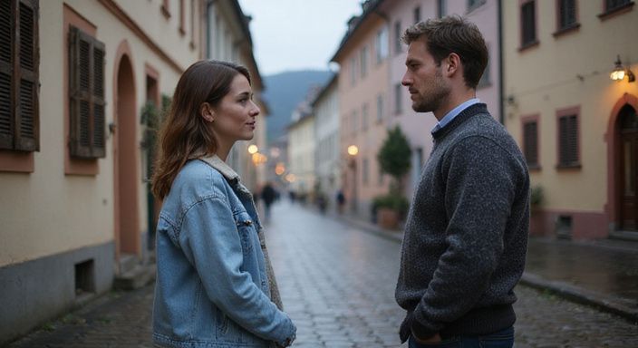 Ein Paar unterhält sich entspannt auf einer historischen Kopfsteinpflasterstraße und wollen erotischer Kontakt in Steiermark.