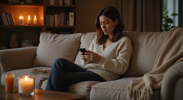 Eine Frau in einem beigen Wohnzimmer entspannt sich beim Smartphone-Nutzung und suche erotischer Kontakt in Steiermark.