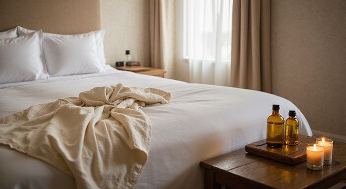 Ein elegantes Hotelzimmer mit einem gemütlichen Bett und beruhigenden Details.