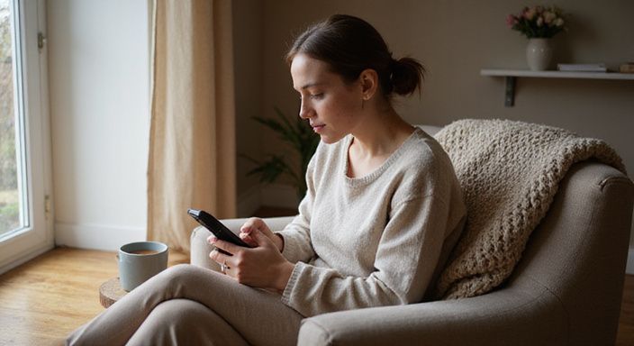 Eine Frau sitzt entspannt in einem modernen Wohnzimmer mit Kaffee