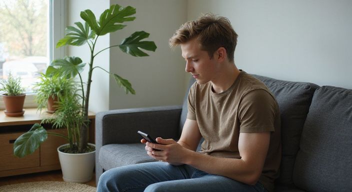 Eine junge Person entspannt auf einem Sofa und scrollt auf dem Smartphone.