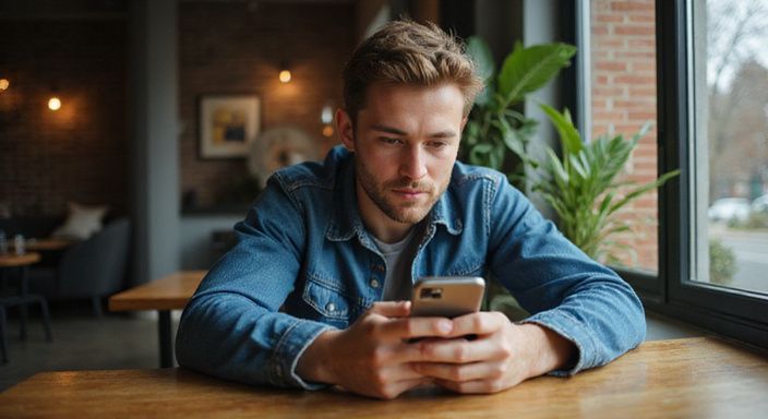Junger Mann in einem Café, nachdenklich mit seinem Smartphone beschäftigt und suche flirt kontakt Deutschland.