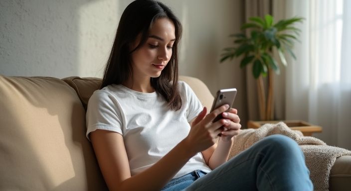 Eine junge Frau sitzt auf einem Sofa und nutzt ihr Smartphone und suche flirt kontakt Deutschland.