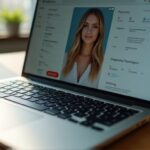 Ein offenes Laptop zeigt ein Dating App Profil auf einem Schreibtisch