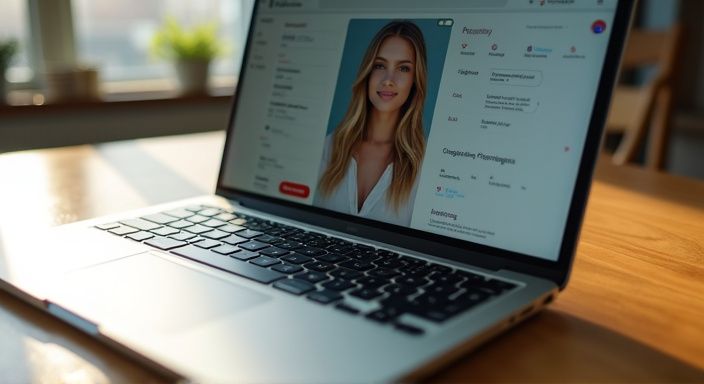 Ein offenes Laptop zeigt ein Dating App Profil auf einem Schreibtisch