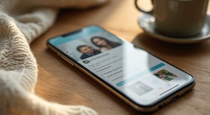 Ein modernes Smartphone zeigt ein Dating-Profil auf einem Holztisch.