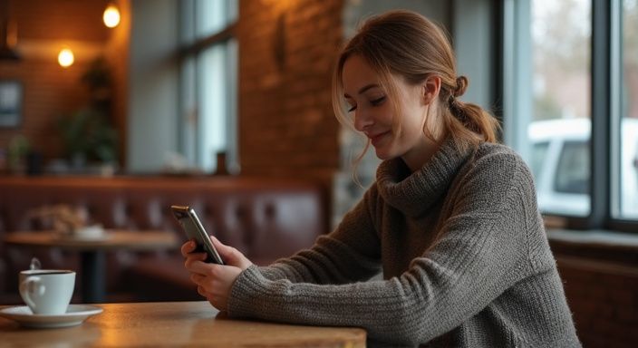 Eine Frau, die entspannt eine Dating-App in einem Café nutzt.
