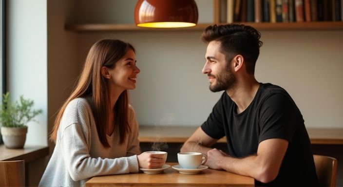 Ein Paar teilt einen intimen Moment bei Kaffee in einem Café.