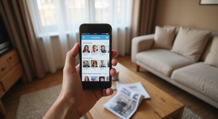 Ein Smartphone zeigt Profile auf einer deutschen Dating-App in einem Wohnzimmer.