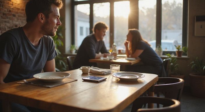 Ein gemütliches Café mit einem Tisch für zwei und einem Smartphone.