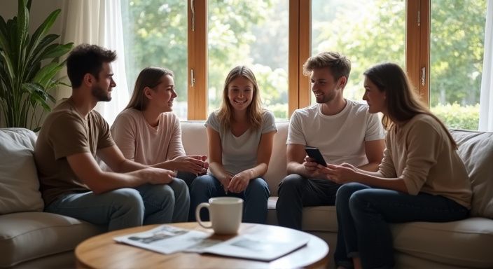 Eine Gruppe junger Erwachsener genießt fröhliche Gespräche über flirt kontakt Deutschland in einem gemütlichen Raum.