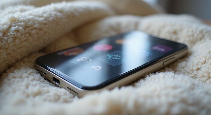 Ein modernes Smartphone liegt auf einer weichen, cremefarbenen Wolldecke.