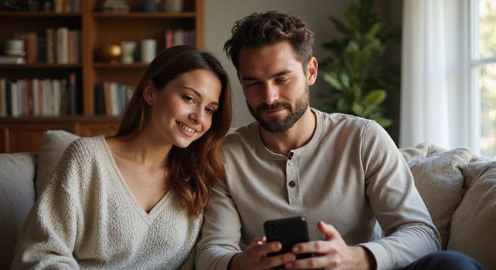 Zwei junge Erwachsene sitzen lächelnd auf einem Sofa und unterhalten sich und suche Flirt kontakt in Österreich.