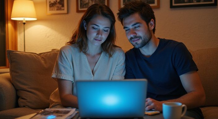 Ein Paar schaut gebannt auf ein Dating-App auf ihrem Laptop und wollen Flirt kontakt in Österreich.