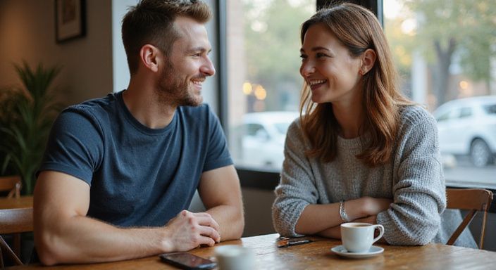 Ein Paar sitzt in einem Café und lacht miteinander