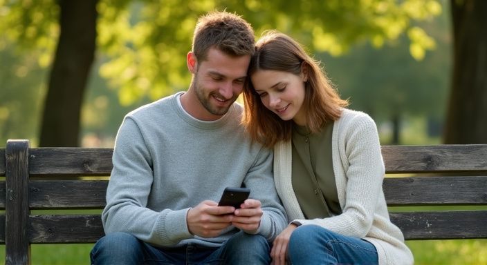 Ein Paar sitzt entspannt auf einer Parkbank und schaut auf Smartphones.