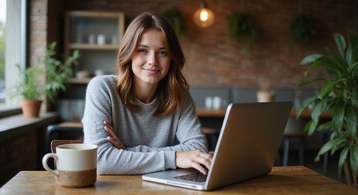 Eine junge Frau sitzt mit einem Laptop in einem gemütlichen Café und wollen Flirt kontakt in Österreich.