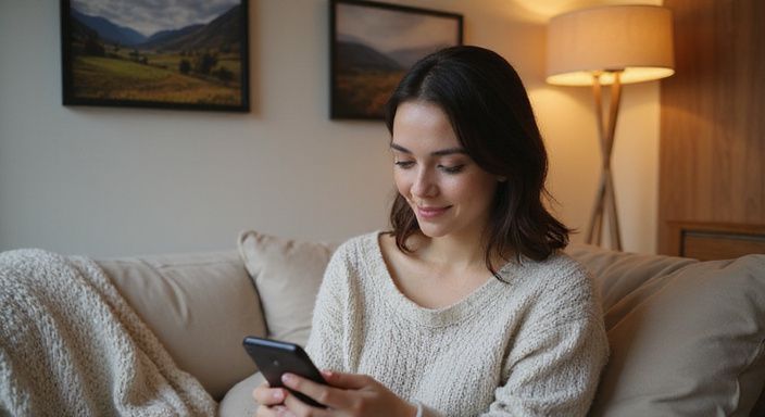 Eine Frau in einem gemütlichen Wohnzimmer scrollt durch eine Dating-App.