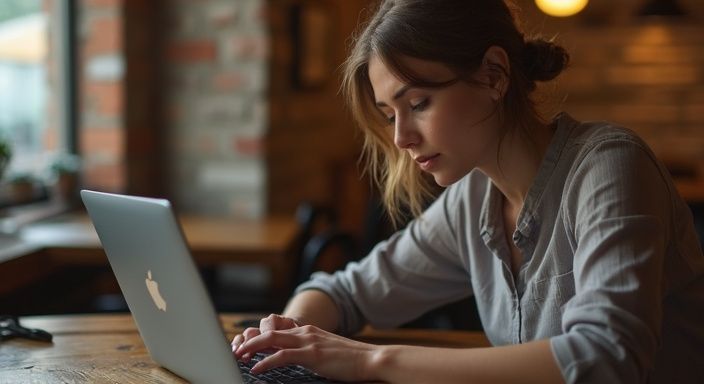 Frau nutzt einen Laptop in einem einladenden Café und suceh Flirt kontakt in Österreich.