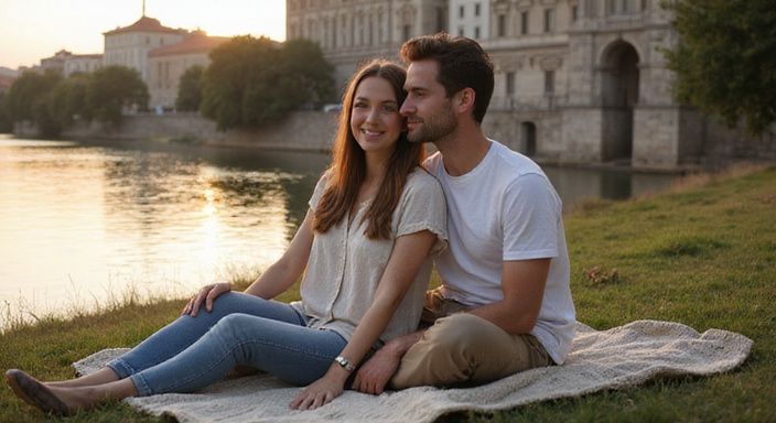 Ein junges Paar sitzt entspannt am Donauufer in Wien.