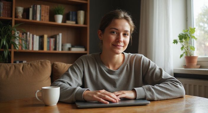 Eine Person sitzt entspannt am Tisch und nutzt einen Laptop.