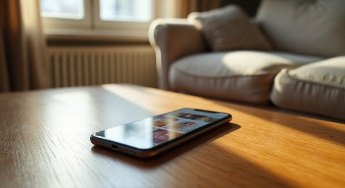 Ein Smartphone mit Dating-Apps auf einem eleganten Kaffeetisch.