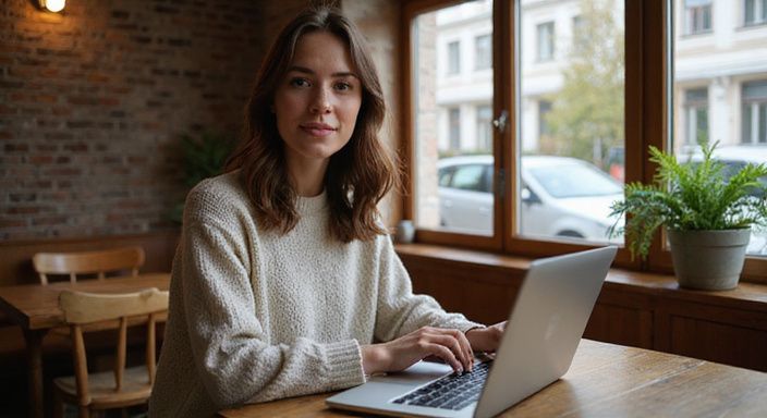 Eine junge Frau arbeitet entspannt in einem gemütlichen Café.