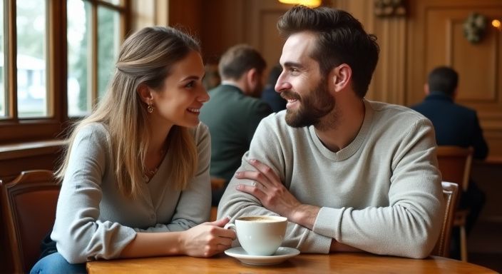 Ein Paar genießt entspanntes Gespräch über Flirt kontakt in Österreich in einem traditionellen Wiener Café.