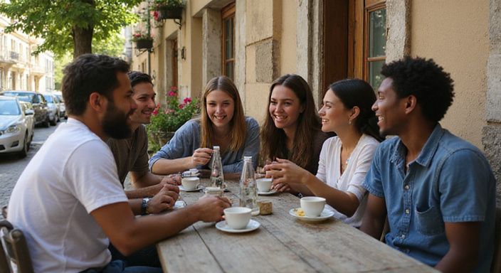 Sechs junge Erwachsene lachen entspannt an einem Holztisch in einem Café