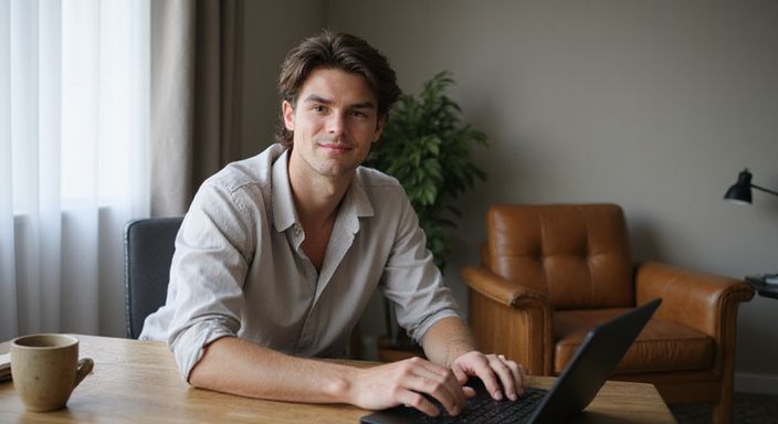 Ein junger Mann sitzt entspannt an einem modernen Schreibtisch und suceh flirt kontakt schweiz.