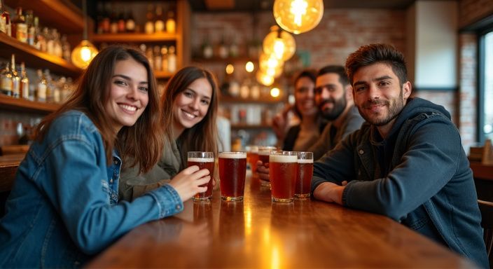 Gruppe junger Erwachsene genießt Zeit an einer gemütlichen Bar.