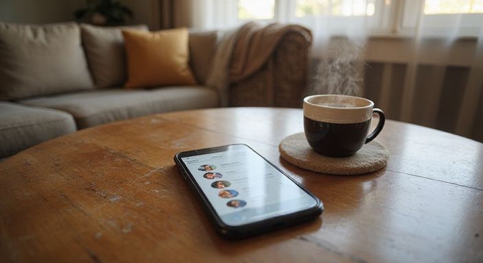 Ein Smartphone zeigt ein Dating-App-Profil auf einem Holzkaffee-Tisch.