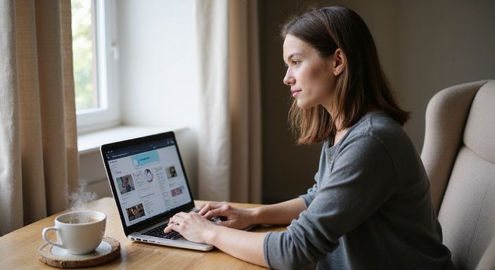 Eine junge Frau arbeitet konzentriert an ihrem Laptop in einem gemütlichen Raum.