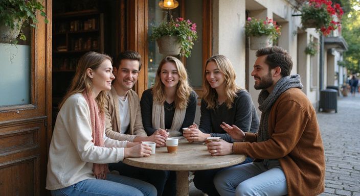 Eine Gruppe junger Erwachsener genießt Zeit vor einem Café