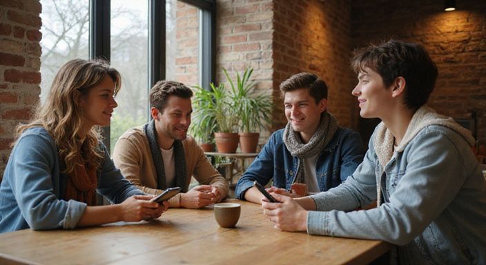 Eine Gruppe junger Erwachsener spricht in einem einladenden Café.