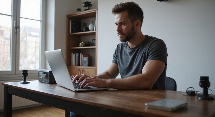 Ein Mann arbeitet konzentriert an einem minimalistischen Schreibtisch.