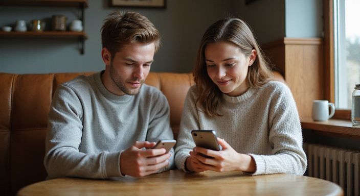 Zwei junge Erwachsene wählen Dating-Profile für flirt kontakt schweiz in einem gemütlichen Café aus.