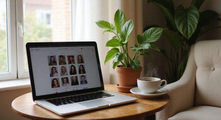 Ein gemütlicher Tisch mit Laptop, Kaffee und einer Pflanze.