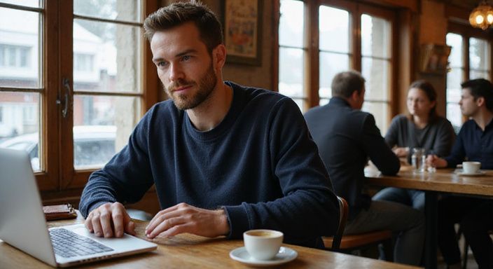 Eine Person arbeitet konzentriert an einem Laptop in einem Café und suceh flirt kontakt schweiz.