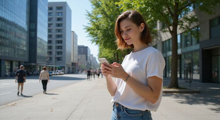 Eine Frau scrollt konzentriert auf ihrem Smartphone und suche flirt kontakt schweiz.