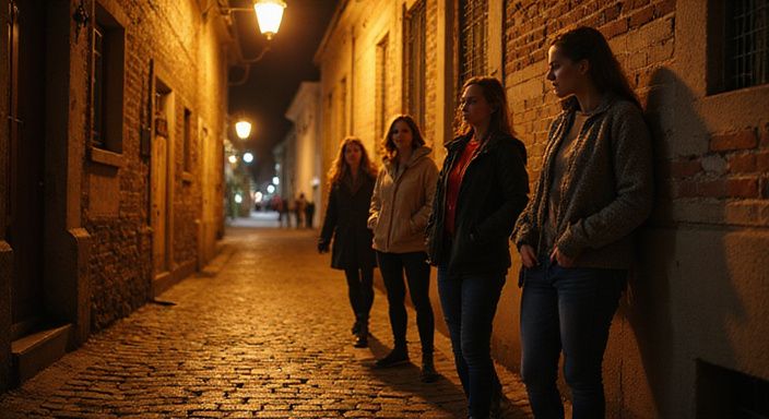 Eine gemütliche Gasse in Graz mit Frauen in saisonaler Kleidung.