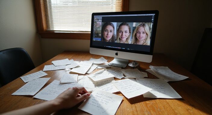 Ein unordentlicher Tisch mit einem Computer und handgeschriebenen Notizen.