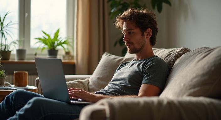 Ein nachdenklicher Mann sitzt entspannt mit seinem Laptop im Wohnzimmer und suceh sexkontakt in Graz.