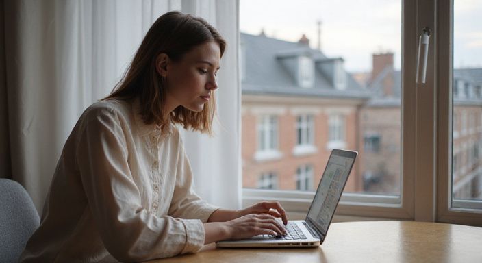 Eine Frau sitzt am Tisch und durchsucht eine Online-Plattform.