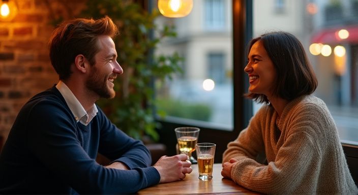Ein Mann und eine Frau lachen in einem gemütlichen Café und wollen sexkontakt in Graz.
