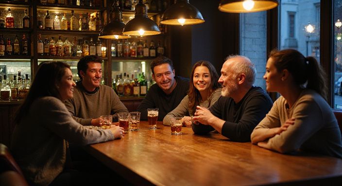 Eine Gruppe von Erwachsenen genießt geselliges Beisammensein in einer Bar.