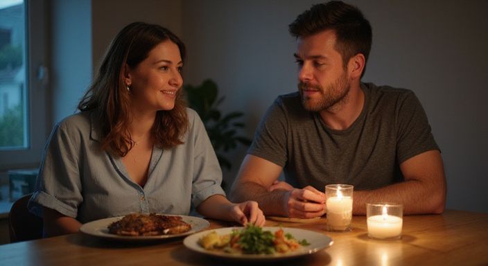 Ein Paar genießt ein intimes Abendessen zu Hause.